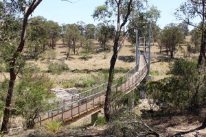 A suspension bridge provides access to the far side of the gorge.