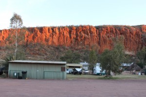 Glen Helen Resort faces the Finke River and the dominating red cliff