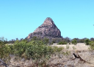 The prominent Woolfang Peak beside the Peak Downs Highway