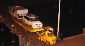 Our car and van being positioned for lifting on board